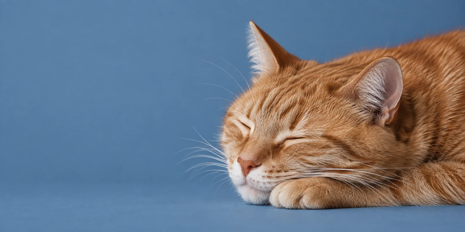 A ginger cat sleeping against a soft blue background
