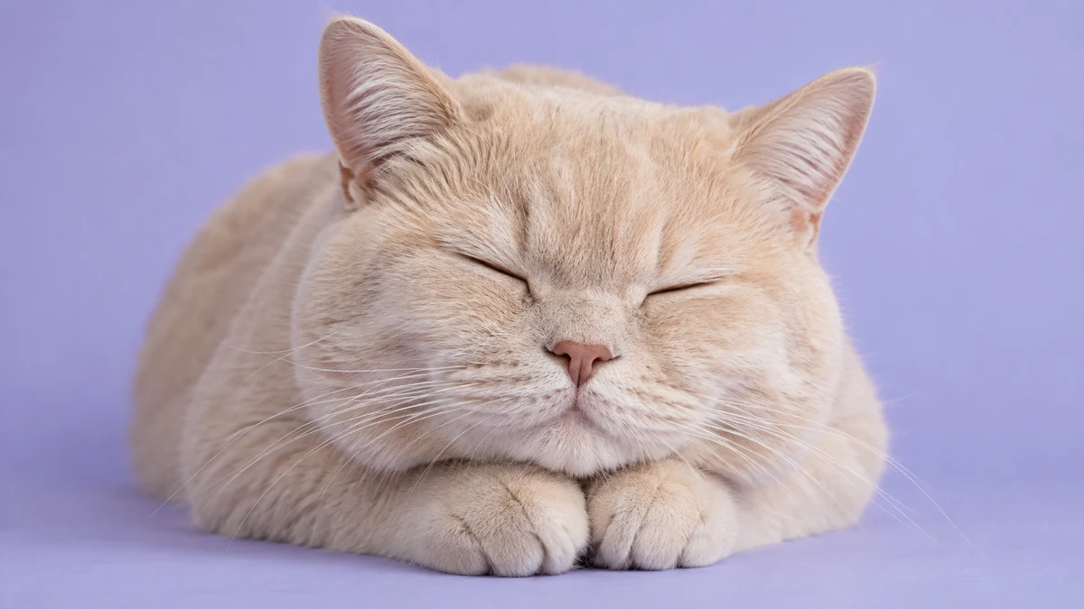 A cream cat sleeping on its paws against a lavender background